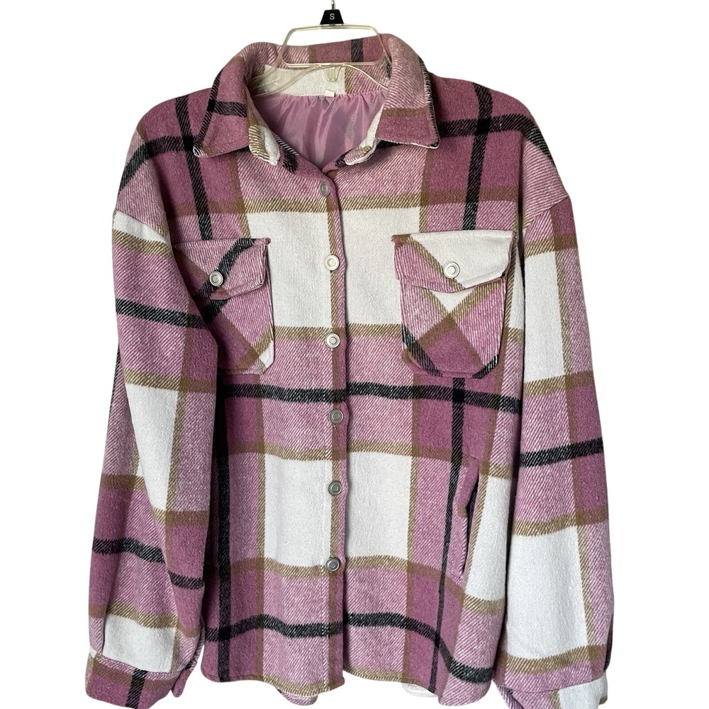 Pink and White Plaid Flannel Button Up Collared Shirt Jacket, L